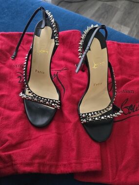 Christian Louboutin Black Leather Spike-Embellished Slingback Heels